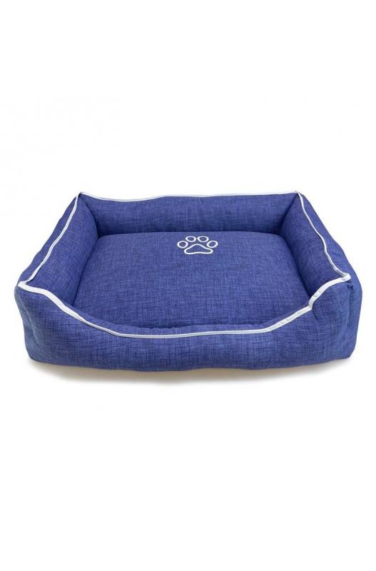 Cama cuadrada azul con huella y ribete 85x68x21 cm.