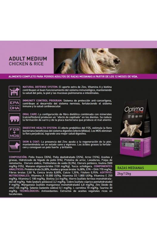 OPTIMA NOVA ADULT MEDIUM POLLO ARROZ 2 KG.