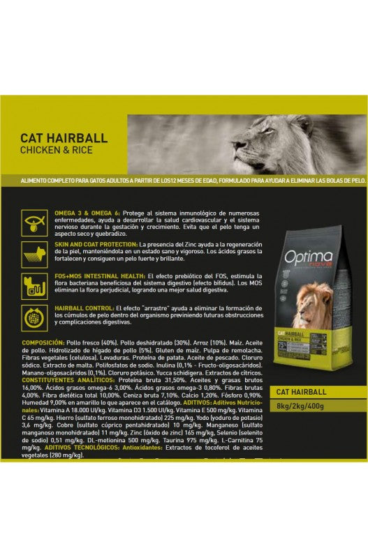 OPTIMA NOVA CAT HAIRBALL 2 KG.